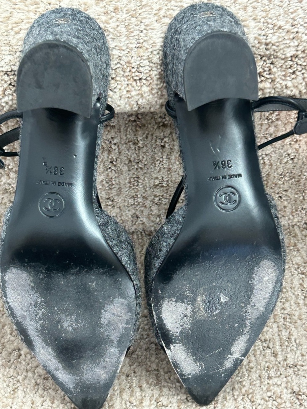 Vintage Chanel slingback cap toe pointy toe tweed gray and black heel 38.5 sz 8 - Picture 13 of 15